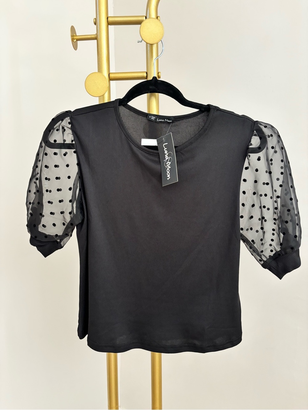Black Puff Sleeve Polka Dot Top